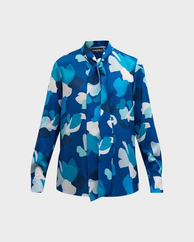 Tie-Neck Abstract-Print Crepon Blouse